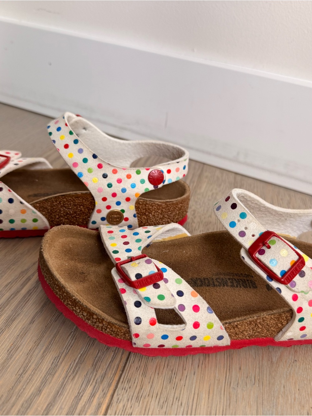 Birkenstock Kids White Polka Dot Sandals with Red Soles